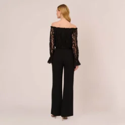 Adrianna Papell Black Off The Shoulder Crepe Jumpsuit With Lace Bodice In Black -Cheap Vesta Gleam Store AP1D102882 AA002 Regular Back