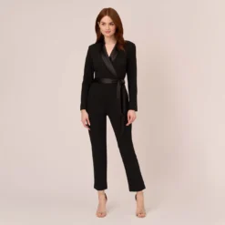 Adrianna Papell Long Sleeve Crepe Jumpsuit With Tuxedo Collar In Black