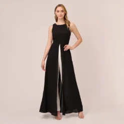Adrianna Papell Colorblock Jumpsuit With Skirt Overlay In Black Ivory