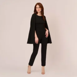 Adrianna Papell Crepe Jumpsuit With Cape In Black