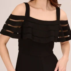 Adrianna Papell Jersey Banded Ruffled Jumpsuit With Cold Shoulder In Black -Cheap Vesta Gleam Store AP1D102998 AA002 Regular Lifestyle