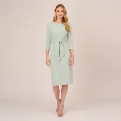 Adrianna Papell Knit Crepe Bow Sheath Dress With Three Quarter Sleeves In Icy Sage -Cheap Vesta Gleam Store AP1D103175 AB334 Regular Front
