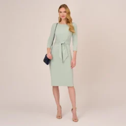 Adrianna Papell Knit Crepe Bow Sheath Dress With Three Quarter Sleeves In Icy Sage -Cheap Vesta Gleam Store AP1D103175 AB334 Regular Side