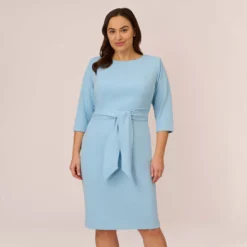Adrianna Papell Plus Size Knit Crepe Bow Sheath Dress With Three Quarter Sleeves In Blue Mist