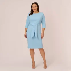 Adrianna Papell Plus Size Knit Crepe Bow Sheath Dress With Three Quarter Sleeves In Blue Mist -Cheap Vesta Gleam Store AP1D103175 AB484 Plus Front