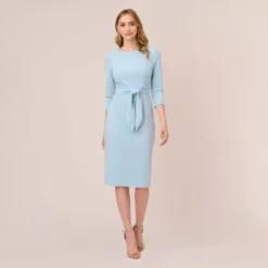 Adrianna Papell Knit Crepe Bow Sheath Dress With Three Quarter Sleeves In Blue Mist