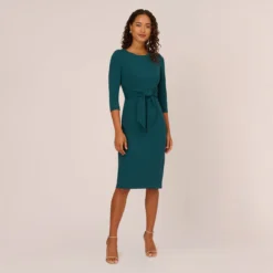 Adrianna Papell Knit Crepe Bow Sheath Dress With Three Quarter Sleeves In Hunter -Cheap Vesta Gleam Store AP1D103175 AE303 Regular Front