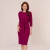 Adrianna Papell Knit Crepe Bow Sheath Dress With Three Quarter Sleeves In Wildberry