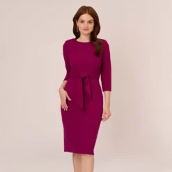 Adrianna Papell Knit Crepe Bow Sheath Dress With Three Quarter Sleeves In Wildberry
