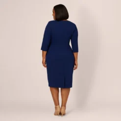 Adrianna Papell Plus Size Knit Crepe Bow Sheath Dress With Three Quarter Sleeves In Navy Sateen -Cheap Vesta Gleam Store AP1D103175 AK412 Plus Back