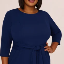 Adrianna Papell Plus Size Knit Crepe Bow Sheath Dress With Three Quarter Sleeves In Navy Sateen -Cheap Vesta Gleam Store AP1D103175 AK412 Plus Detail