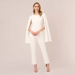 Adrianna Papell Crepe Jumpsuit With Cape In Ivory