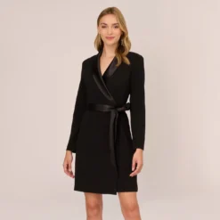 Adrianna Papell Long Sleeve Crepe Dress With Tuxedo Collar In Black