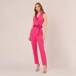 Adrianna Papell Sleeveless Crepe Jumpsuit With Tuxedo Collar In Cabaret Pink