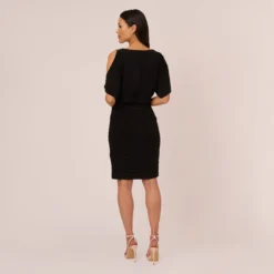 Adrianna Papell Blouson Pintucked Dress With Cold Shoulder Sleeves In Black -Cheap Vesta Gleam Store AP1D104087 AA002 Regular Back