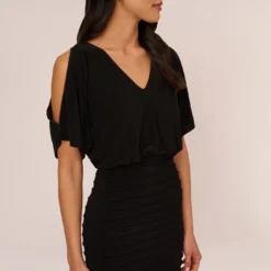 Adrianna Papell Blouson Pintucked Dress With Cold Shoulder Sleeves In Black -Cheap Vesta Gleam Store AP1D104087 AA002 Regular Detail