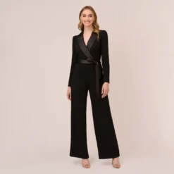 Adrianna Papell Knit Crepe Tuxedo Jumpsuit In Black