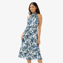 Adrianna Papell Printed Bias Halter Dress In Blue Multi