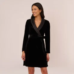 Adrianna Papell Long Sleeve Velvet Tuxedo Dress In Black
