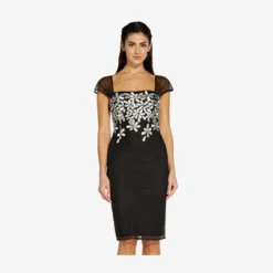 Adrianna Papell Floral Lattice Embroidered Short Sheath Dress In Black Ivory