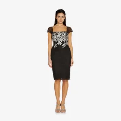 Adrianna Papell Floral Lattice Embroidered Short Sheath Dress In Black Ivory -Cheap Vesta Gleam Store AP1D104398 AA019 Regular Side
