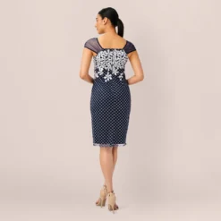 Adrianna Papell Floral Lattice Embroidered Short Sheath Dress In Navy Ivory -Cheap Vesta Gleam Store AP1D104398 BH980 Regular Back