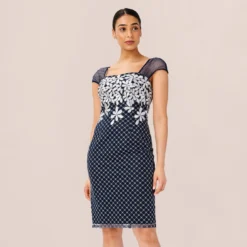 Adrianna Papell Floral Lattice Embroidered Short Sheath Dress In Navy Ivory