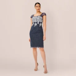 Adrianna Papell Floral Lattice Embroidered Short Sheath Dress In Navy Ivory -Cheap Vesta Gleam Store AP1D104398 BH980 Regular Side