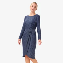 Adrianna Papell Metallic Striped Knit Dress In Navy