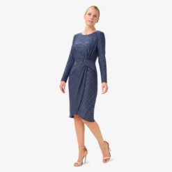 Adrianna Papell Metallic Striped Knit Dress In Navy -Cheap Vesta Gleam Store AP1D104419 AA412 Regular Side