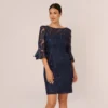Adrianna Papell Bell Sleeve Rose Embroidered Sheath Dress In Midnight