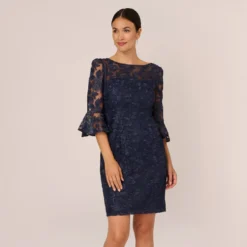 Adrianna Papell Bell Sleeve Rose Embroidered Sheath Dress In Midnight
