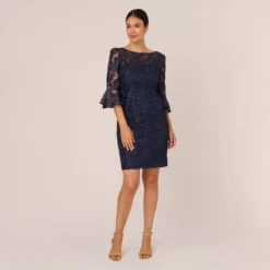 Adrianna Papell Bell Sleeve Rose Embroidered Sheath Dress In Midnight -Cheap Vesta Gleam Store AP1D104437 AB411 Regular Front