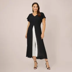 Adrianna Papell Plus Size Crepe Cropped Jumpsuit With Gauze Overlay In Black Ivory