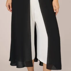 Adrianna Papell Plus Size Crepe Cropped Jumpsuit With Gauze Overlay In Black Ivory -Cheap Vesta Gleam Store AP1D104439 AA019 Plus Lifestyle