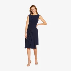 Adrianna Papell Asymmetrical Draped Midi Dress In Midnight -Cheap Vesta Gleam Store AP1D104475 AB411 Regular Alternate