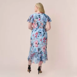 Adrianna Papell Plus Size Floral Faux Wrap Dress In Blue Multi -Cheap Vesta Gleam Store AP1D104503 AA461 Plus Back