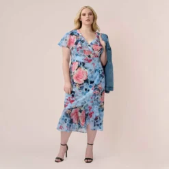 Adrianna Papell Plus Size Floral Faux Wrap Dress In Blue Multi -Cheap Vesta Gleam Store AP1D104503 AA461 Plus Jacket