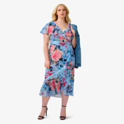 Adrianna Papell Plus Size Floral Faux Wrap Dress In Blue Multi -Cheap Vesta Gleam Store AP1D104503 AA461 Plus Lifestyle
