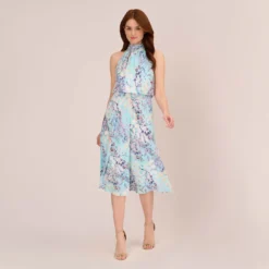 Adrianna Papell Floral Mock Neck Midi Dress In Light Blue Multi