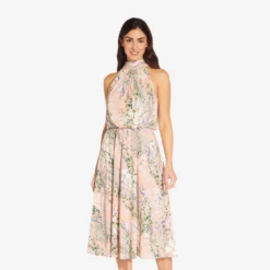 Adrianna Papell Floral Mock Neck Midi Dress In Blush Multi