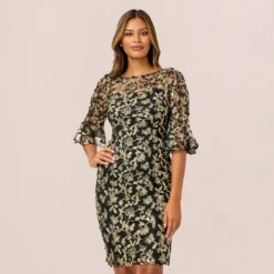 Adrianna Papell Metallic Embroidered Sheath Dress In Black Gold -Cheap Vesta Gleam Store AP1D104511 AA967 Regular Default