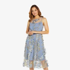 Adrianna Papell Floral Embroidered Flared Dress In Blue Multi