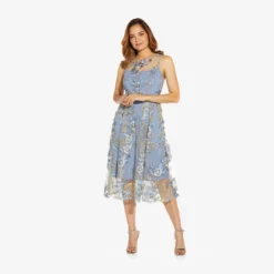 Adrianna Papell Floral Embroidered Flared Dress In Blue Multi -Cheap Vesta Gleam Store AP1D104513 AA461 Regular Side