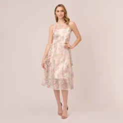 Adrianna Papell Floral Embroidered Flared Dress In Pink Multi