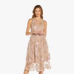 Adrianna Papell Floral Embroidered Flared Dress In Blush Multi