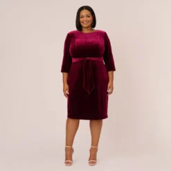 Adrianna Papell Plus Size Velvet Tie Front Midi Dress With Three Quarter Sleeves In Burgundy -Cheap Vesta Gleam Store AP1D104591 AC506 Plus Front