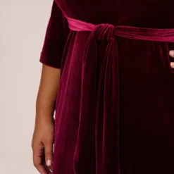 Adrianna Papell Plus Size Velvet Tie Front Midi Dress With Three Quarter Sleeves In Burgundy -Cheap Vesta Gleam Store AP1D104591 AC506 Plus Lifestyle