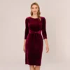 Adrianna Papell Velvet Tie Front Midi Dress With Three Quarter Sleeves In Burgundy