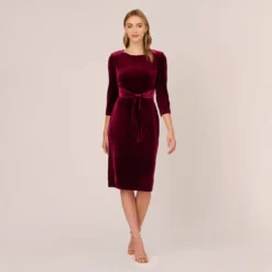 Adrianna Papell Velvet Tie Front Midi Dress With Three Quarter Sleeves In Burgundy -Cheap Vesta Gleam Store AP1D104591 AC506 Regular Front